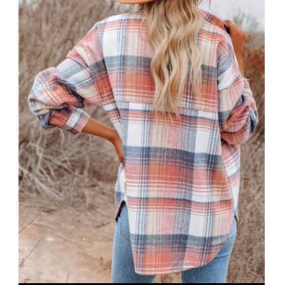 Pink plaid shirt overshirt jacket button up with pockets - Picture 4 of 14